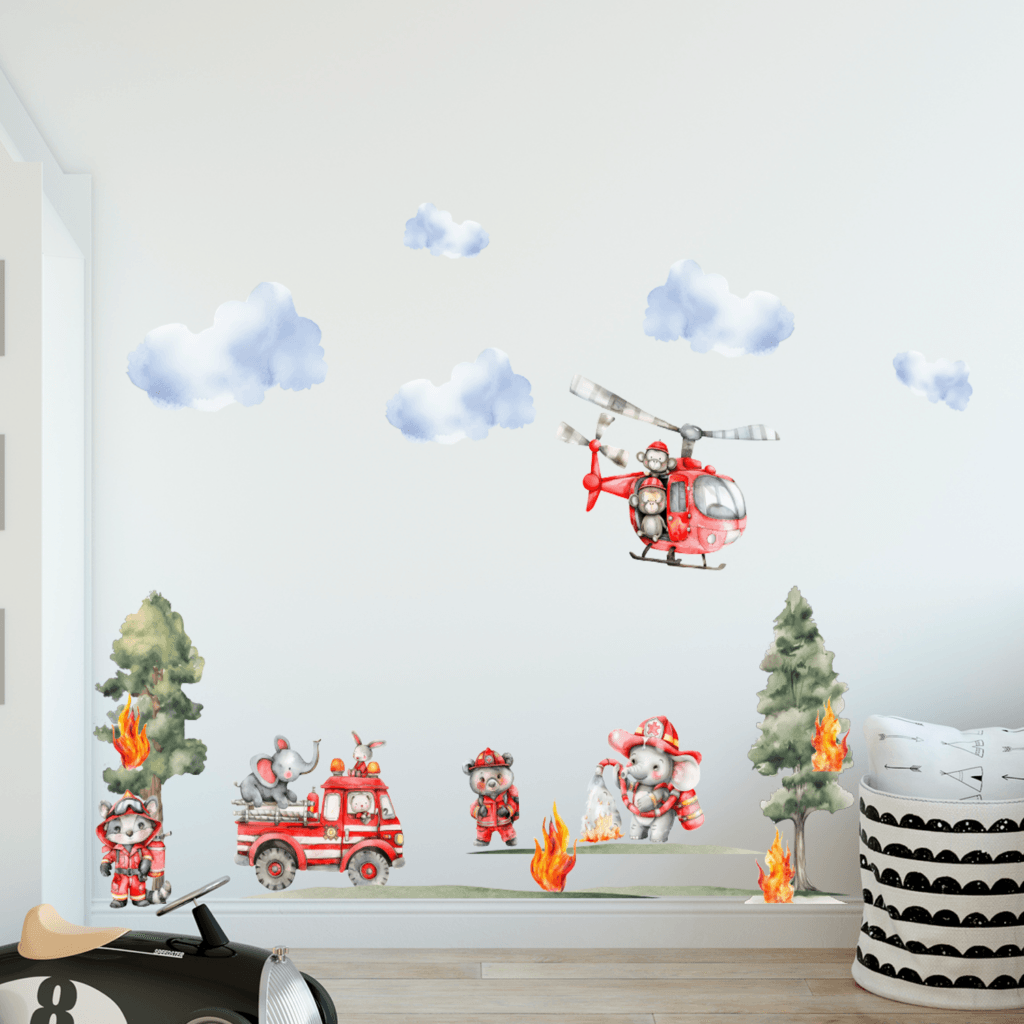 Muursticker brandweer dieren waterverf inspiratie kinderkamer schattig scherp geprijsd