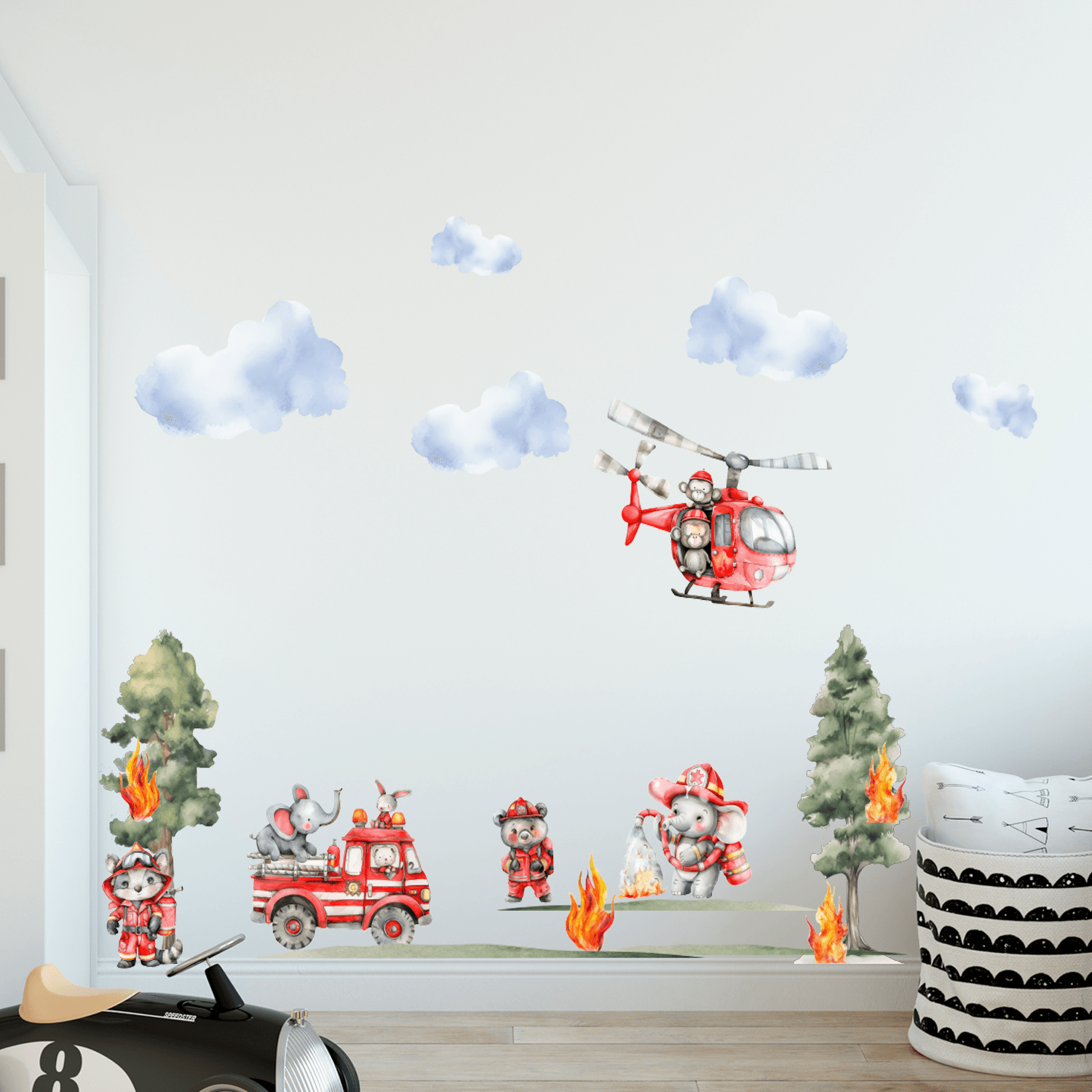 Muursticker brandweer dieren waterverf inspiratie kinderkamer schattig scherp geprijsd Muursticker brandweer dieren waterverf inspiratie kinderkamer schattig scherp geprijsd
